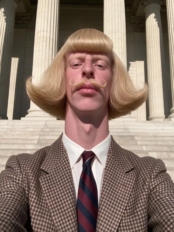 An AI-generated man in the original Jean Phil look: honey-blond helmet bob, curled blond mustache, very long neck, brown houndstooth jacket, chin raised, in front of stone columns