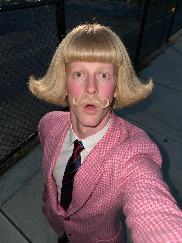 An AI-generated man in the pink-suit Jean Phil look: blond helmet bob, curled mustache, pink houndstooth jacket, wide startled eyes, selfie by a tennis court