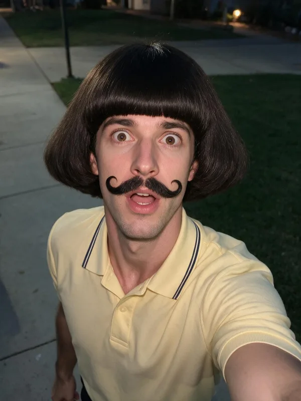 An AI-generated man in the yellow-polo look: dark helmet bob, thick black curled mustache, pale yellow polo, wide eyes, evening selfie